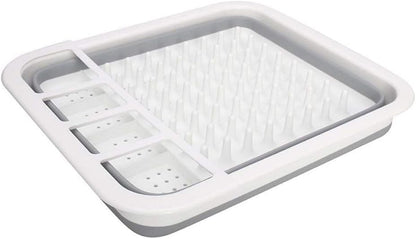 Escorredor de pratos, dobrável de plástico com tábua de drenagem, compacto e portátil para fácil armazenamento na bancada da cozinha