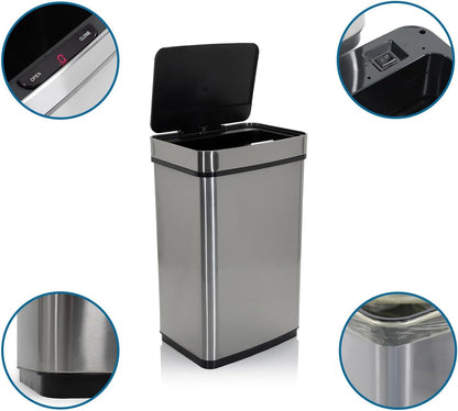 hjh OFFICE 830045 Caixote do lixo com sensor CLEAN IV 60 L, Aço Inoxidável, Papeleira automática, indicador LED, retangular, Prata
