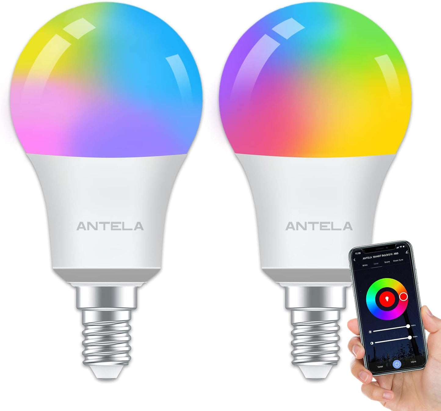 ANTELA Lâmpada LED inteligente WiFi E14 806lm, 16 milhões de cores, luz fria quente 2700 a 6500 K, compatível com Alexa e Google Home, vida útil 15000 horas, 2 unidades | Compatível com Alexa, Google Home e Smart Life, 2700-6500K