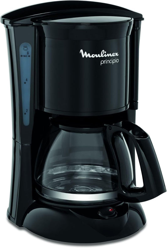 Moulinex Principio FG1528 - Cafeteira de filtro 600 W de 0,6 L com função Auto-off e sistema antigotejamento, plástico, cor preto | Capacidade de 6 chávenas, luz indicadora, função Auto Off, anti-gotejamento, peças aptas máquina de lavar louça, FG1528