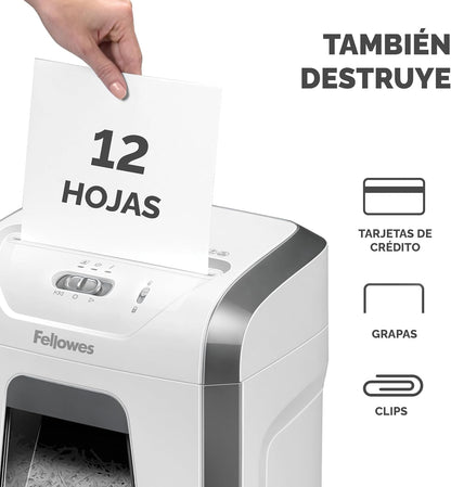 Fellowes FS-12C - Destruidora de Papel, Corte em partículas, destrói até 12 Folhas, destruidora de Papel de Uso Pessoal, Cesto 19L, Nível de Segurança DIN-P4, Exclusivo da Amazon