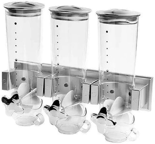 BAKAJI Dispensador de cereais triplo de parede, dispensador de três montagem na parede, dispensador para alimentos secos, caramelos, flocos de milho, nozes, tampa removível com fecho hermético