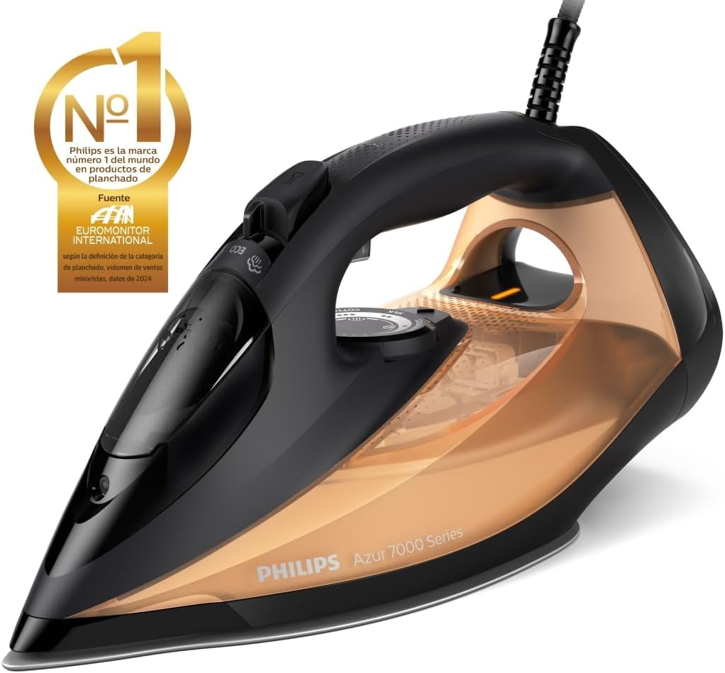 Philips Azur 7000 Series Ferro a vapor, 2800 W, 50 g/min vapor contínuo, 250 g de golpe a vapor, vapor vertical, sola SteamGlide Elite, preto/dourado (DST7040/80)