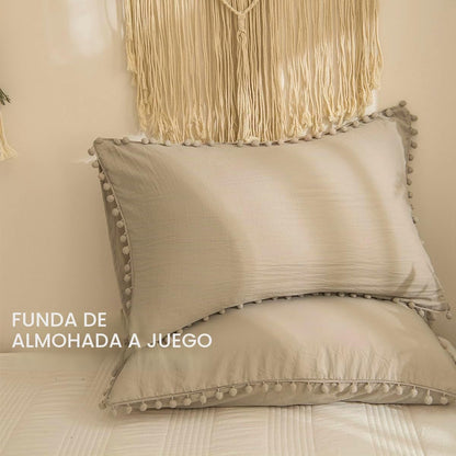Conjunto de capa nórdica 135 x 200 cm, taupe conjunto de roupa de cama boho com franjas, pompom boémio em microfibra, macia com fronha de almofada e fecho de correr (Taupe, 135 x 200