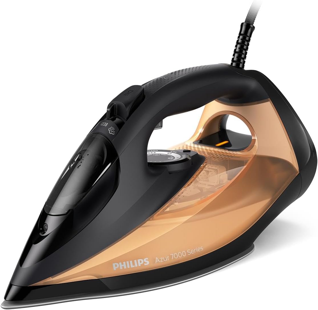 Philips Azur 7000 Series Ferro a vapor, 2800 W, 50 g/min vapor contínuo, 250 g de golpe a vapor, vapor vertical, sola SteamGlide Elite, preto/dourado (DST7040/80)