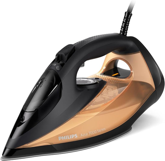 Philips Azur 7000 Series Ferro a vapor, 2800 W, 50 g/min vapor contínuo, 250 g de golpe a vapor, vapor vertical, sola SteamGlide Elite, preto/dourado (DST7040/80)