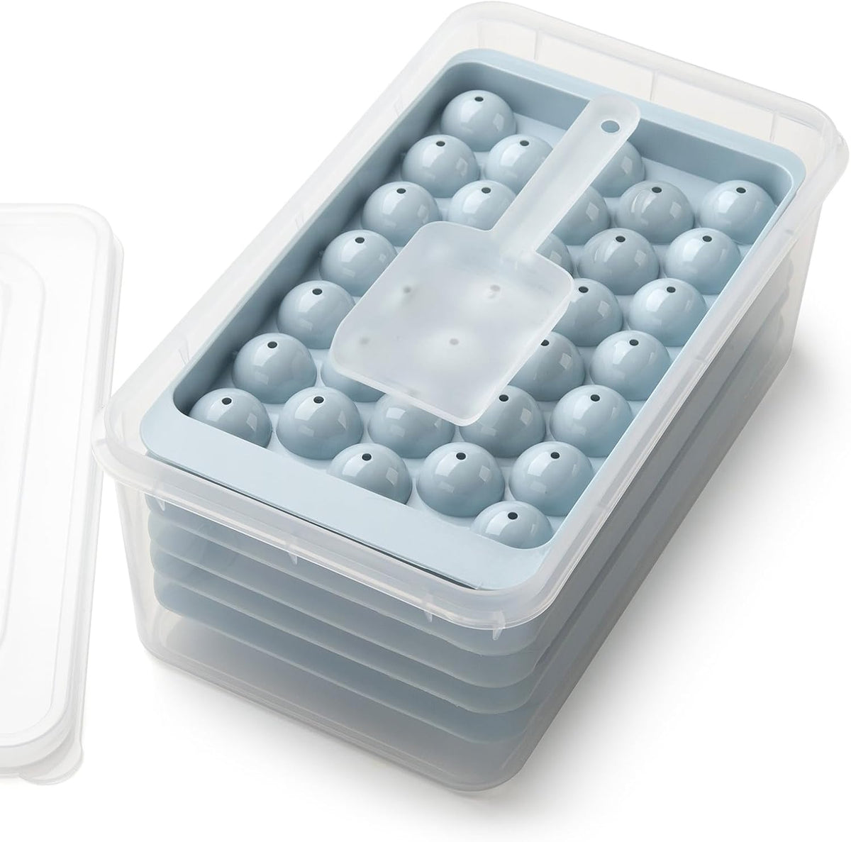 Formas de gelo, 33x3 peças, molde redondo para fazer bolas de gelo para freezer com tampa e recipiente, formas de gelo picado de fácil remoção, forma de cubos de gelo pequenos para resfriar bebidas, café, suco e coquetéis.