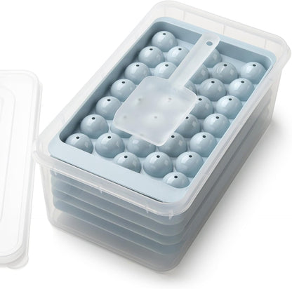 Formas de gelo, 33x3 peças, molde redondo para fazer bolas de gelo para freezer com tampa e recipiente, formas de gelo picado de fácil remoção, forma de cubos de gelo pequenos para resfriar bebidas, café, suco e coquetéis.