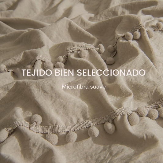 Conjunto de capa nórdica 135 x 200 cm, taupe conjunto de roupa de cama boho com franjas, pompom boémio em microfibra, macia com fronha de almofada e fecho de correr (Taupe, 135 x 200