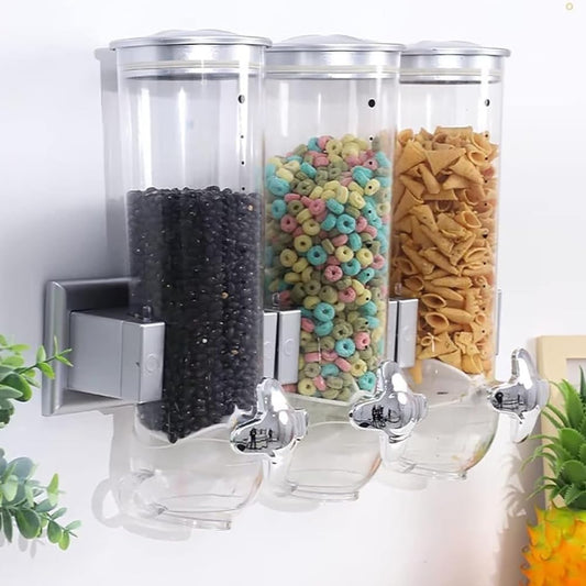 BAKAJI Dispensador de cereais triplo de parede, dispensador de três montagem na parede, dispensador para alimentos secos, caramelos, flocos de milho, nozes, tampa removível com fecho hermético