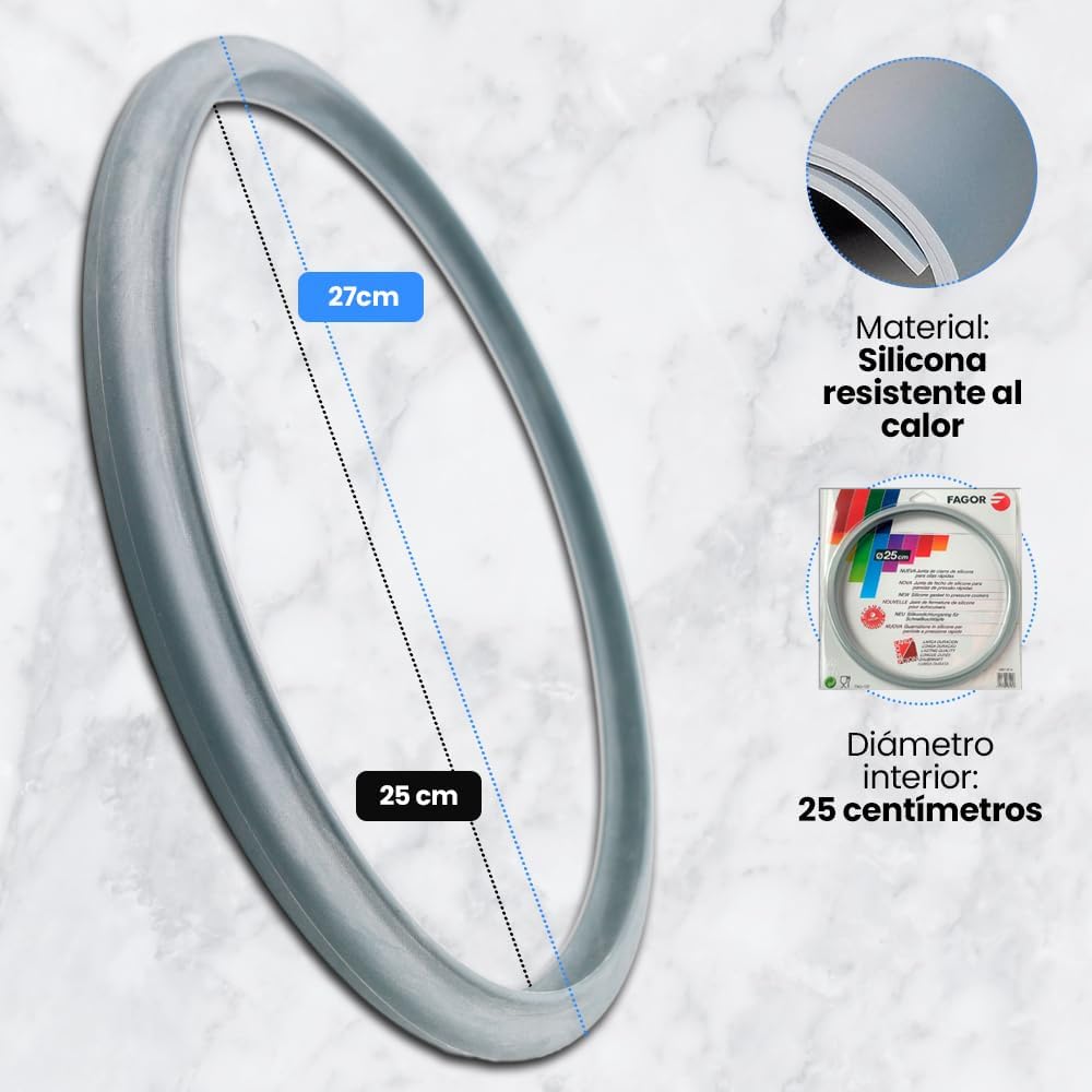Fagor Substituição de Borracha Panela de Pressão M18804555 Compatível com Panela de Pressão Fagor com Diâmetro Interior de 25 Centímetros | Silicone, Ø25 cm, Cinzento
