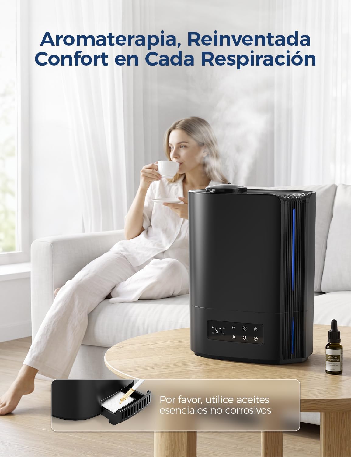 AROEVE Humidificador de ar 6 l para quartos, difusor de óleos essenciais, humidificador ultra-sónico para bebés e plantas, duração de até 60 horas, controlo de humidade inteligente, silencioso