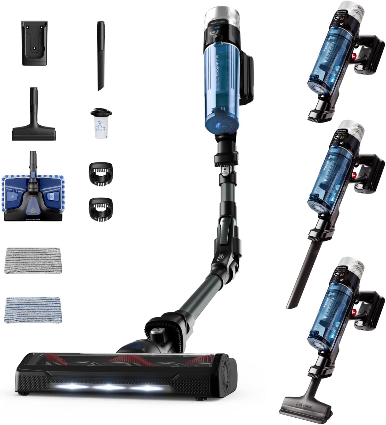 Rowenta Xforce Flex 9.60 Aqua RH20C2 – Aspiradora escoba sem fio de 250 W de potência, aspira e lava, função 4 em 1, chão, sofá, parede, tecnologia Flex, inclui acessórios