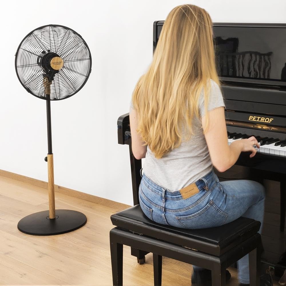 Cecotec Ventoinha de pé EnergySilence 600 Woodstyle. 50 W, acabamento em madeira, diâmetro de 16" com 4 pás, 3 velocidades, oscilação, altura ajustável, máxima segurança