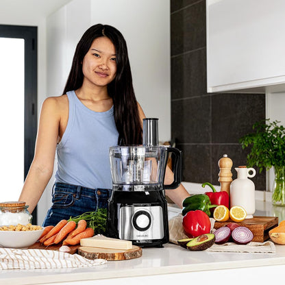 Cecotec Processador de Alimentos FoodProcessor Comino 1000 Max. 1000W, 2 Velocidades, Tigela 2L, Exprimidor de Sucos, 3 Discos de Corte: para Picar, Fatiar e Amassar, Disco para Cremes, Aço Inoxidável