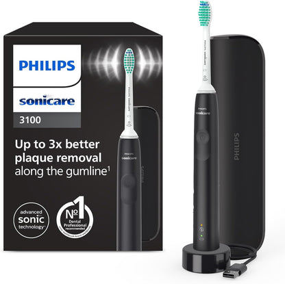 Philips Sonicare 3100, escova de dentes elétrica, sónica, sensor de pressão e temporizador, estuche de viagem, preto, HX3673/14, Preto