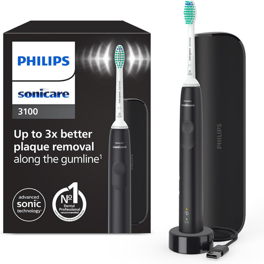 Philips Sonicare 3100, escova de dentes elétrica, sónica, sensor de pressão e temporizador, estuche de viagem, preto, HX3673/14, Preto