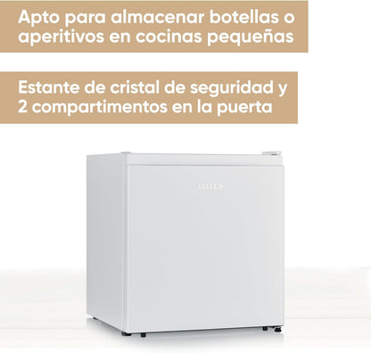 SEVERIN Mini frigorífico com compartimento de baixa temperatura, frigorífico pequeno com faixa de temperatura 8-0 °C, mini frigorífico de baixo consumo, 40 dB (A), 45 litros, branco, KB 8884 [Classe energética E]