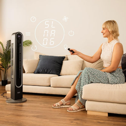 Cecotec Ventoinha de torre EnergySilence 9090 Skyline Smart Light de 42", 65 W, luz LED, ecrã LED táctil, controlo remoto, 6 velocidades e 3 modos, oscilação de 150º, temporizador