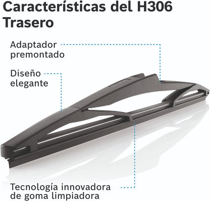 Bosch Limpa-vidros Traseiro H306 - Excelente Desempenho de Limpeza - Lâmina de Substituição para Vidro Traseiro - 1 Lâmina, 300mm | Desempenho ideal de limpeza - escova individual de substituição para luneta traseira