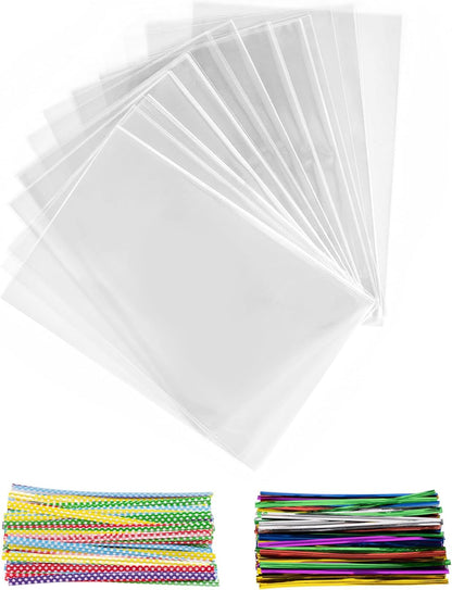 200 sacos de celofane, 25 x 15 cm, sacos transparentes para encher, sacos transparentes com 200 fitas metálicas para doces, biscoitos, pão, frutas, etc. Perfeito para festas de presente