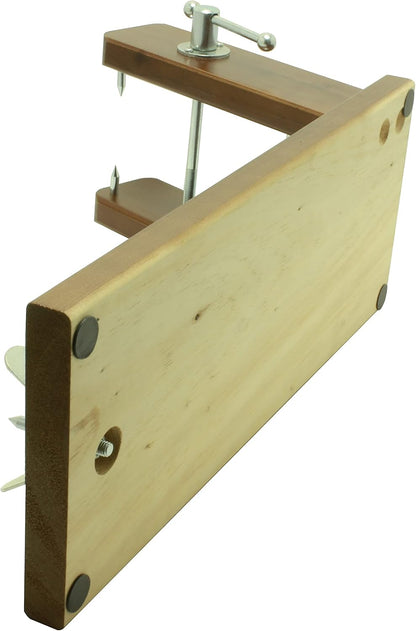 Jamonero modelo de reserva, suporte para presunto e palhetas fixo feito em madeira de pinho cor nogueira, antiderrapante