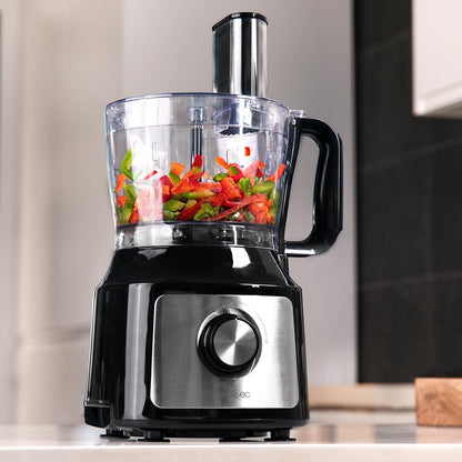 Cecotec Processador de Alimentos FoodProcessor Comino 1000 Max. 1000W, 2 Velocidades, Tigela 2L, Exprimidor de Sucos, 3 Discos de Corte: para Picar, Fatiar e Amassar, Disco para Cremes, Aço Inoxidável