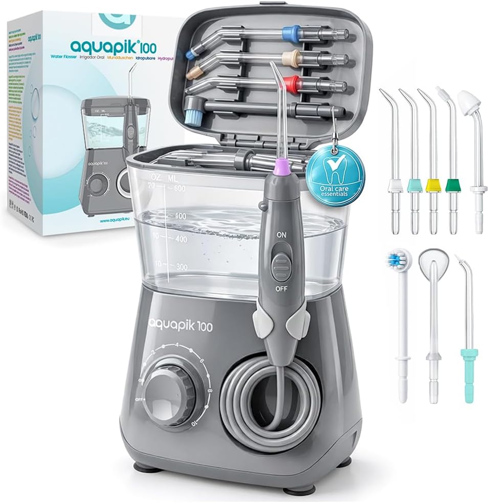 Irrigador dental de mesa Aquapik 100® – Limpeza bucal profunda com 10 níveis de pressão, 9 boquilhas, depósito de 600 ml, ideal para gengivas sensíveis, ortodontia, pontes e implantes. (Cinza)