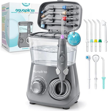 Irrigador dental de mesa Aquapik 100® – Limpeza bucal profunda com 10 níveis de pressão, 9 boquilhas, depósito de 600 ml, ideal para gengivas sensíveis, ortodontia, pontes e implantes. (Cinza)