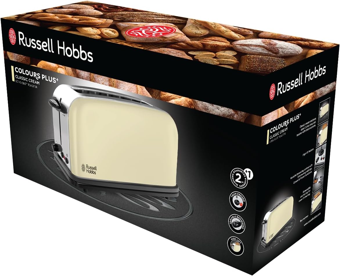 Russell Hobbs Torradeira Colours Plus - 1 Ranhura Longa e Larga para 2 Fatias, Bandeja Coletora de Migalhas, Aquecimento, Função Cancelar e Descongelar, Aço Inoxidável, Creme - 21395-56