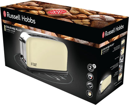 Russell Hobbs Torradeira Colours Plus - 1 Ranhura Longa e Larga para 2 Fatias, Bandeja Coletora de Migalhas, Aquecimento, Função Cancelar e Descongelar, Aço Inoxidável, Creme - 21395-56