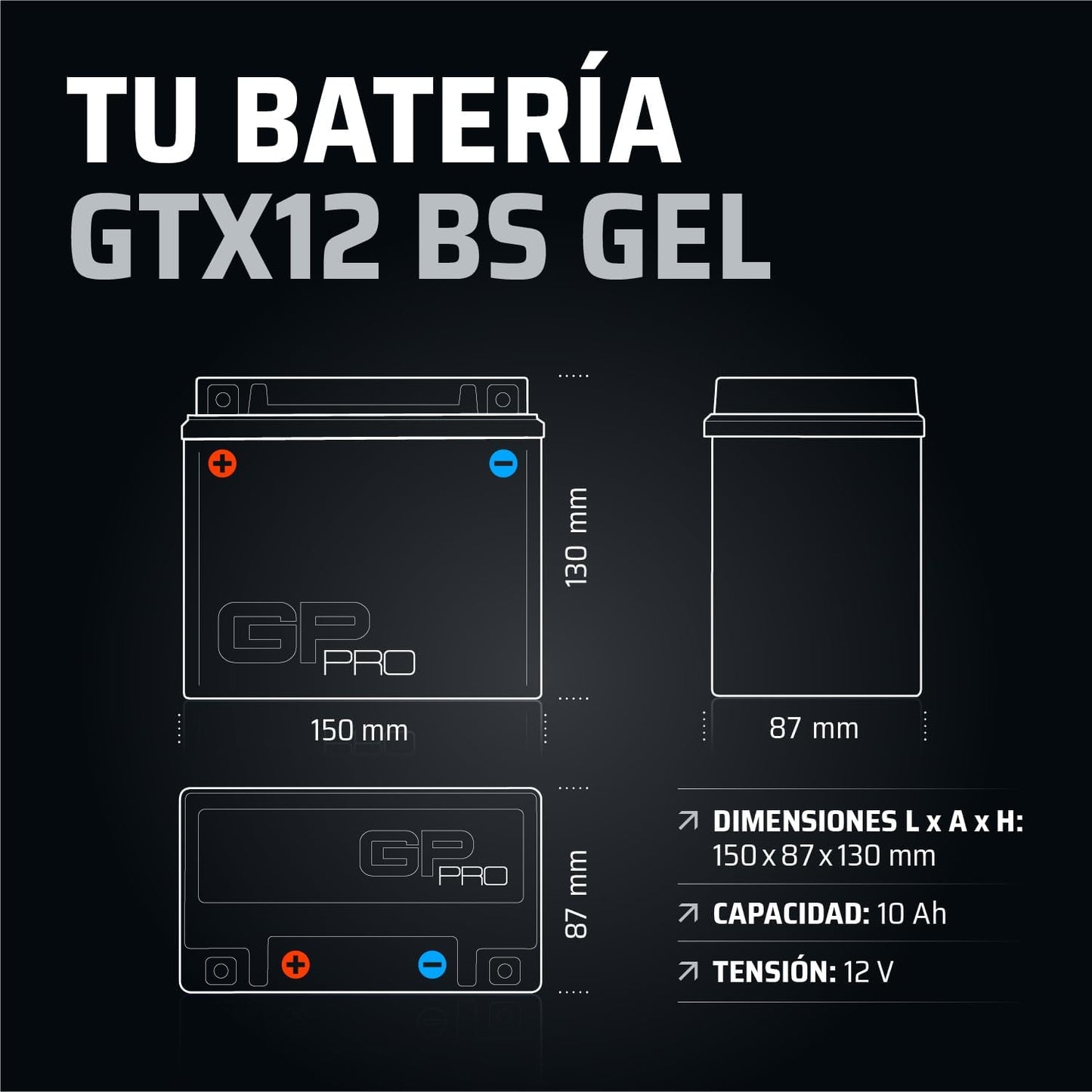 GP-PRO GTX12-BS Bateria de arranque para motas, 12 V, 10 Ah, semelhante a YTX12-BS / 51012, sem necessidade de manutenção, 15 x 13 x 8,7 cm