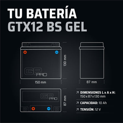 GP-PRO GTX12-BS Bateria de arranque para motas, 12 V, 10 Ah, semelhante a YTX12-BS / 51012, sem necessidade de manutenção, 15 x 13 x 8,7 cm