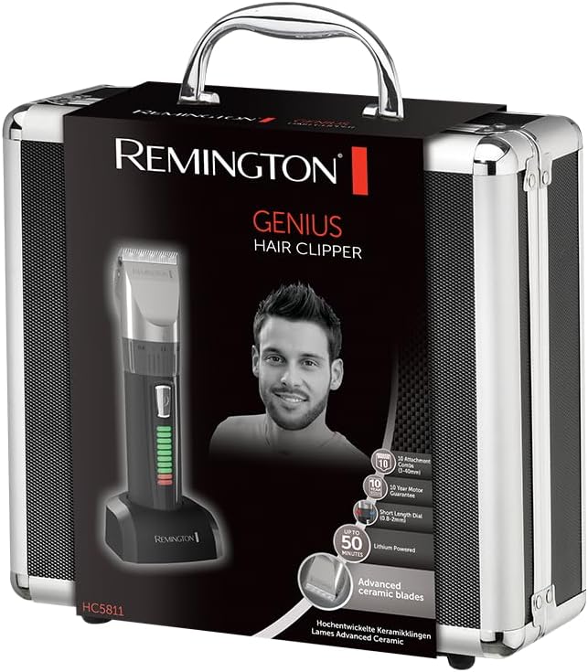 Remington Máquina de Cortar Cabelo Homem lâminas de cerâmica autoafiáveis, 0,8-40 mm corte profissional Genius, 10 guias de pente, funcionamento a cabo/bateria, recarregável, sem fios, lítio HC5811