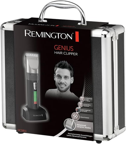 Remington Máquina de Cortar Cabelo Homem lâminas de cerâmica autoafiáveis, 0,8-40 mm corte profissional Genius, 10 guias de pente, funcionamento a cabo/bateria, recarregável, sem fios, lítio HC5811