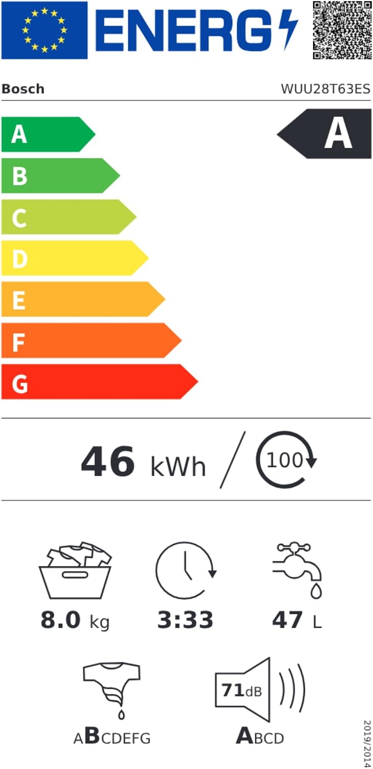Bosch Máquina de lavar roupa, instalação livre, 8 kg, série 6, EcoSilence, branco, WUU28T63ES | Cuide das suas roupas e da sua casa com o motor EcoSilence para uma lavagem discreta e eficiente. [Classe energética A]