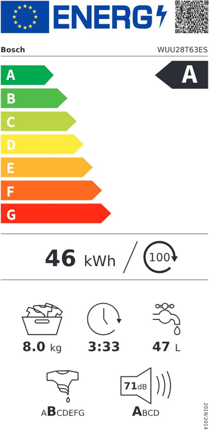 Bosch Máquina de lavar roupa, instalação livre, 8 kg, série 6, EcoSilence, branco, WUU28T63ES | Cuide das suas roupas e da sua casa com o motor EcoSilence para uma lavagem discreta e eficiente. [Classe energética A]