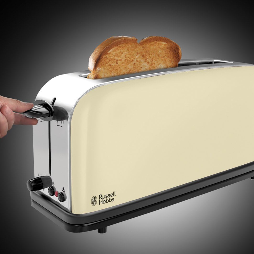 Russell Hobbs Torradeira Colours Plus - 1 Ranhura Longa e Larga para 2 Fatias, Bandeja Coletora de Migalhas, Aquecimento, Função Cancelar e Descongelar, Aço Inoxidável, Creme - 21395-56