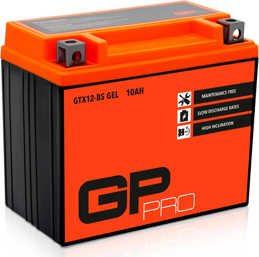 GP-PRO GTX12-BS Bateria de arranque para motas, 12 V, 10 Ah, semelhante a YTX12-BS / 51012, sem necessidade de manutenção, 15 x 13 x 8,7 cm