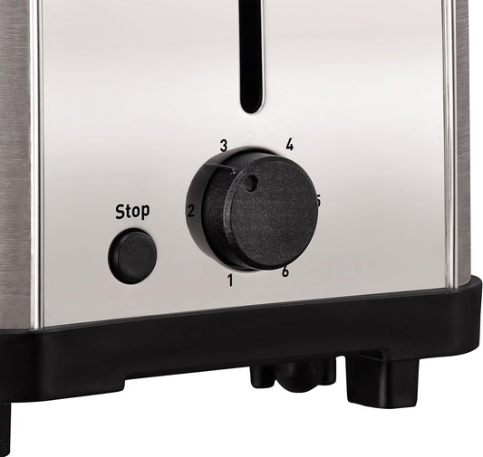 Moulinex Classic LT330D Torradeira de aço inoxidável, 2 ranhuras curtas para 2 fatias de pão, 6 posições de torrado com função Stop e bandeja de recolha, adequado para todos os tipos de pão