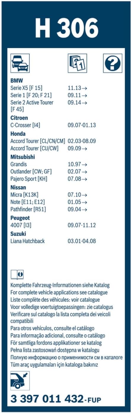 Bosch Limpa-vidros Traseiro H306 - Excelente Desempenho de Limpeza - Lâmina de Substituição para Vidro Traseiro - 1 Lâmina, 300mm | Desempenho ideal de limpeza - escova individual de substituição para luneta traseira