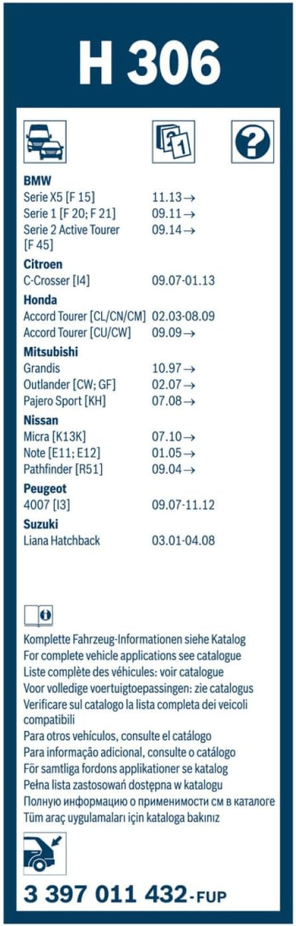 Bosch Limpa-vidros Traseiro H306 - Excelente Desempenho de Limpeza - Lâmina de Substituição para Vidro Traseiro - 1 Lâmina, 300mm | Desempenho ideal de limpeza - escova individual de substituição para luneta traseira