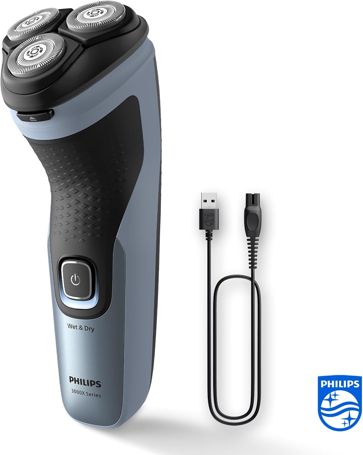 Philips Série X3000 Afeitadora Elétrica para Homem, Máquina de Barbear com Cortapatillas, 27 lâminas, Cuida da pele, 45 minutos de uso, Para Seco e Húmido, Recarrregável, X3053/00, Azul
