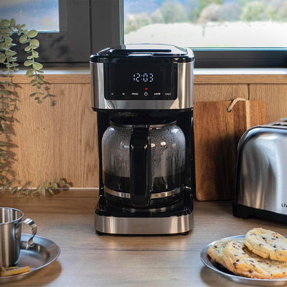 Livoo - Cafeteira elétrica programável DOD208-15 chávenas, 1,8 L, filtro reutilizável, função de programação, manutenção quente, vidro