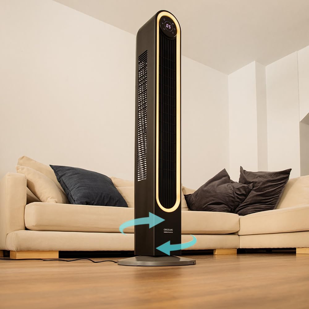 Cecotec Ventoinha de torre EnergySilence 9090 Skyline Smart Light de 42", 65 W, luz LED, ecrã LED táctil, controlo remoto, 6 velocidades e 3 modos, oscilação de 150º, temporizador