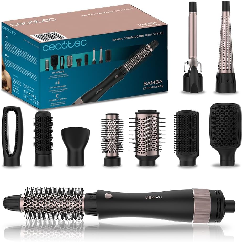 Cecotec Escova de Ar 10 em 1 Bamba CeramicCare 10in1 Styler, 1000 W, 10 Cabeças Intercambiáveis, 3 Temperaturas e 2 Velocidades, Revestimento de Cerâmica, Função Ar Frio
