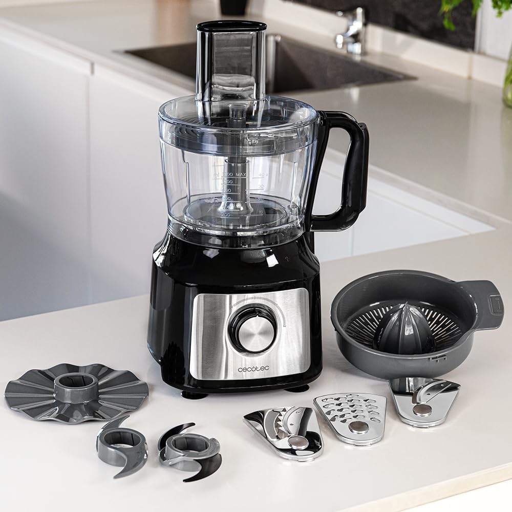 Cecotec Processador de Alimentos FoodProcessor Comino 1000 Max. 1000W, 2 Velocidades, Tigela 2L, Exprimidor de Sucos, 3 Discos de Corte: para Picar, Fatiar e Amassar, Disco para Cremes, Aço Inoxidável