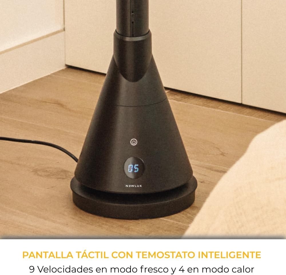 NEWTECK NEWLUX Ventilador de torre dupla 365 preto, com função de calor, Temp. Ajustável de 1 a 30 °C, termostato, 8 h, tátil, controlo remoto, oscilante, 4 níveis de calor e 9 frio, 1800 W