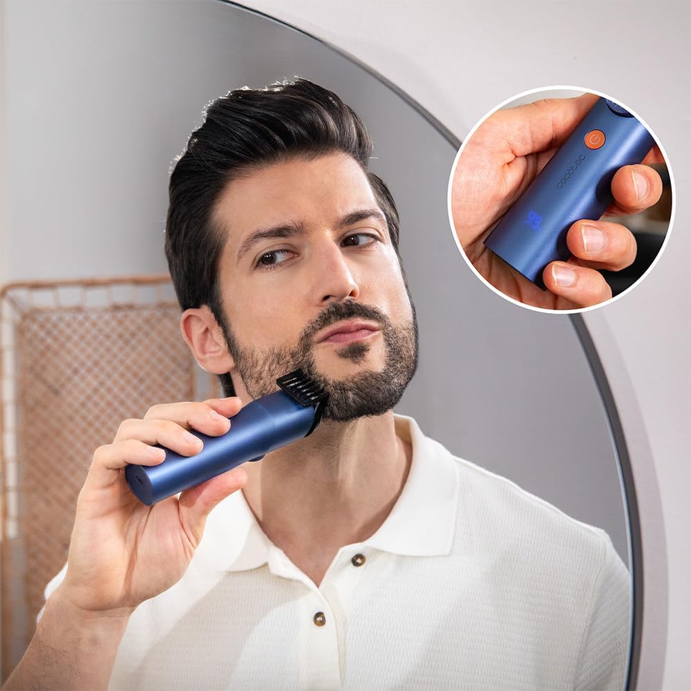 Cecotec Máquina de Cortar Barba com Lâminas Japonesas PrecisionCare Barber Pro. Aço Inoxidável, Pentes Ajustáveis (0,5-20mm) com Roda de Precisão, Autonomia 90min, IPX7, Ecrã