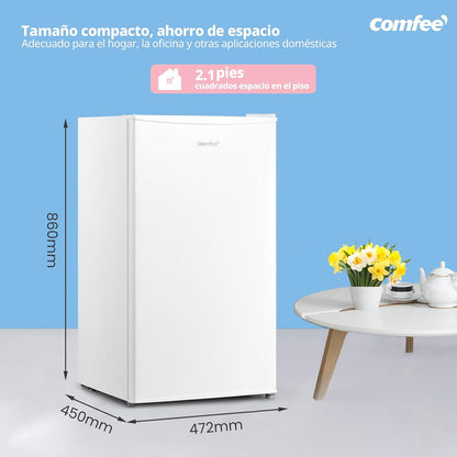 Comfee' RCD93WH2(E) Mini frigorífico compacto de 93L, frigorífico de uma porta baixa mesa para escritório, doprmitório ou bar, controlo de temperatura ajustável, silencioso, com pequeno congelador [Classe energética E]